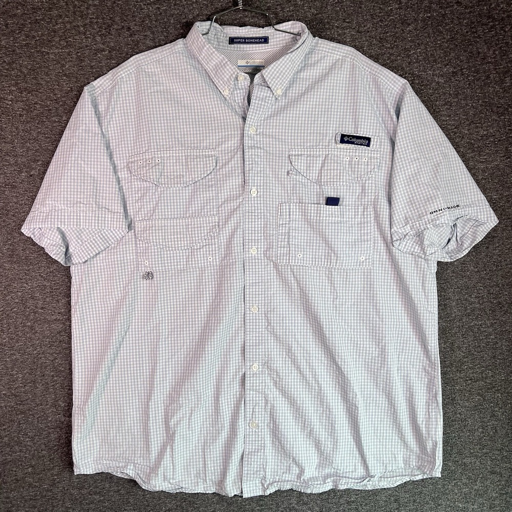 Columbia Super Bonehead PFG Shirts Mens Size XL Light Blue Checker Vented Fshing